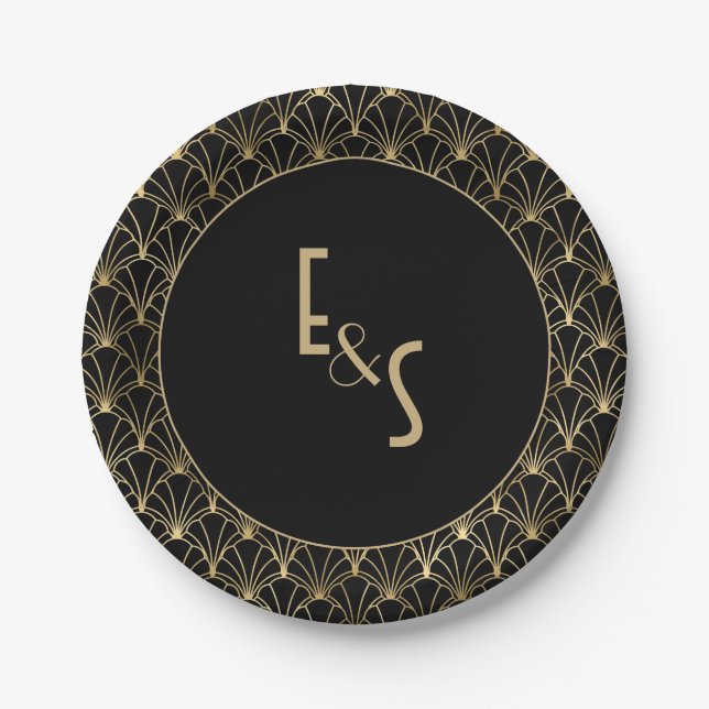Mit Monogramm Black and Gold Art Deko Wedding Part Pappteller (Vorderseite)