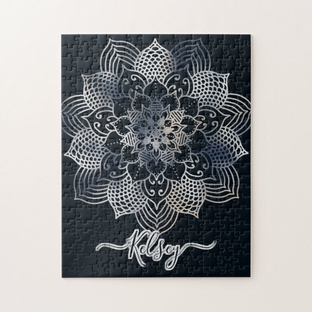 Mit Monogramm Black & Blue Mandala Muster Puzzle (Vertikal)