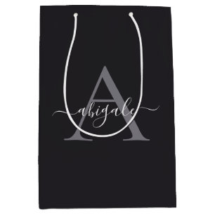 Mit Monogramm Black Charcoal Gray   Minimal Elegan Mittlere Geschenktüte