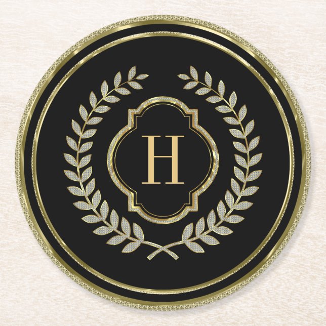 Mit Monogramm Black & Gold Glitzer Wreath-Wappen Runder Pappuntersetzer (Vorderseite)