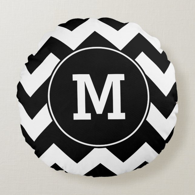 Mit Monogramm Black Zigzag Muster Rundes Kissen (Vorderseite)