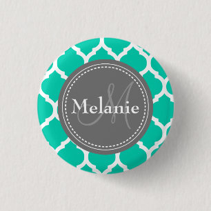 Mit Monogramm Blau & Grau Quatrefolie Button