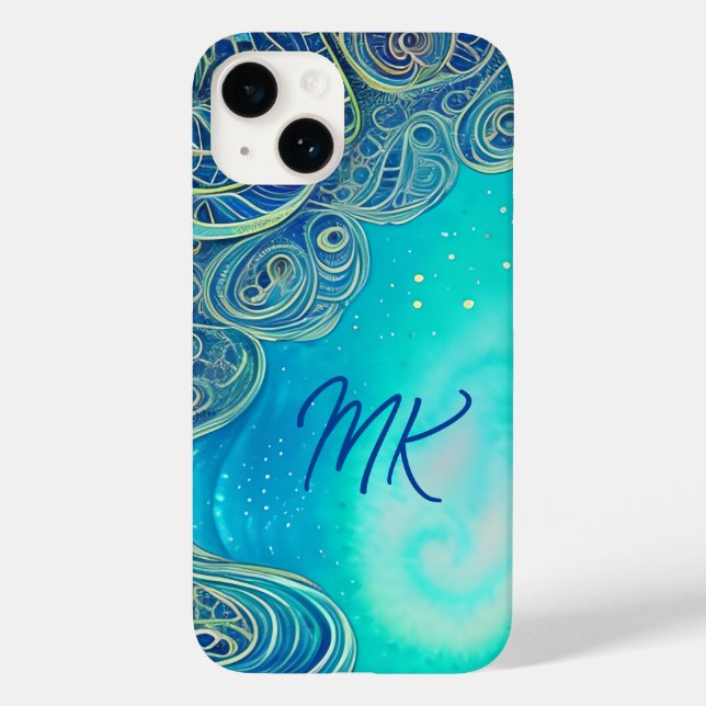 Mit Monogramm Blau und Aquamarine Abstrakte Kunst Case-Mate iPhone Hülle (Rückseite)