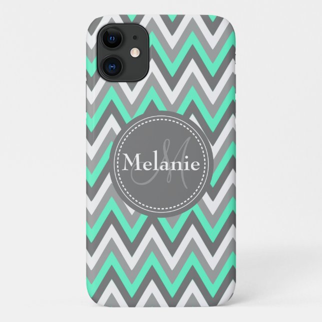 Mit Monogramm Blau und Grau Zickzack Muster Case-Mate iPhone Hülle (Rückseite)