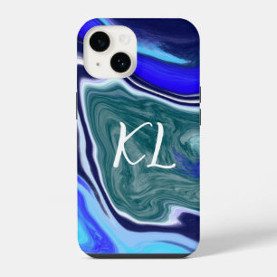 Mit Monogramm Blau und Weiß-Marmor-Fluid Art iPhone 14 Hülle