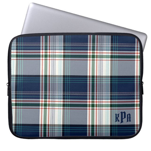 Mit Monogramm Blau und Weiß Multi Thread Kariert Laptopschutzhülle (Vorderseite)