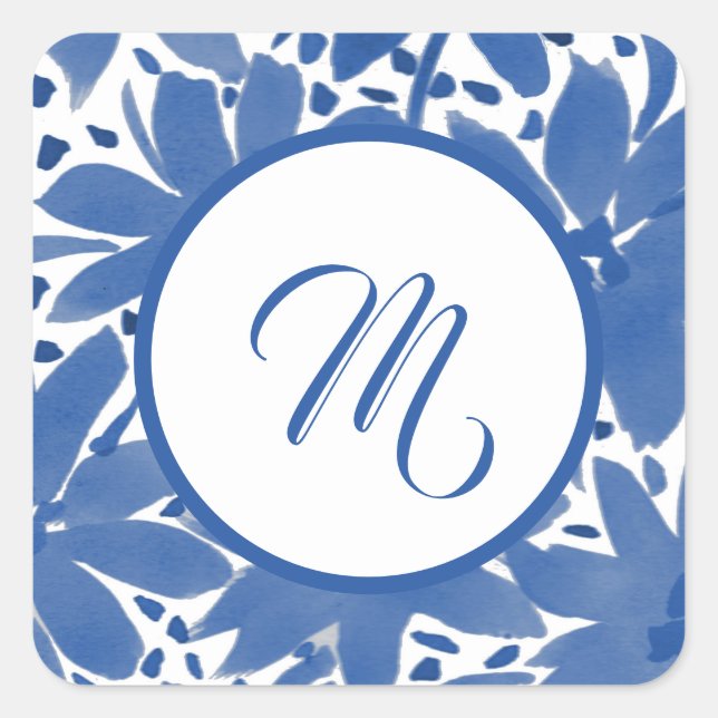 Mit Monogramm blaue Blütenblume Quadratischer Aufkleber (Vorderseite)