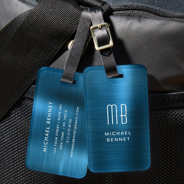 Mit Monogramm blaue Imitate Brushed Metal Gepäckanhänger (Monogrammed Blue Faux Brushed Metal Luggage Tag)