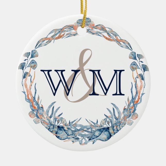 Mit Monogramm Blaue Mauve Muschel Keramik Ornament (Vorne)