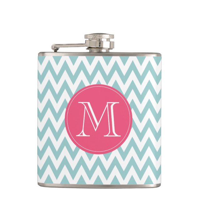 Mit Monogramm blaue und rosa Zickzack Flasche Flachmann (Vorderseite)
