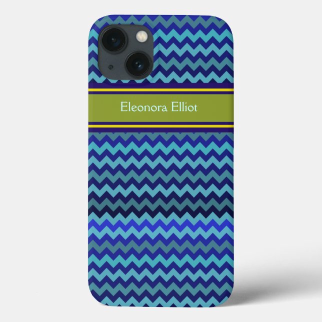 mit Monogramm blaue Zickzack Streifen Case-Mate iPhone Hülle (Rückseite)