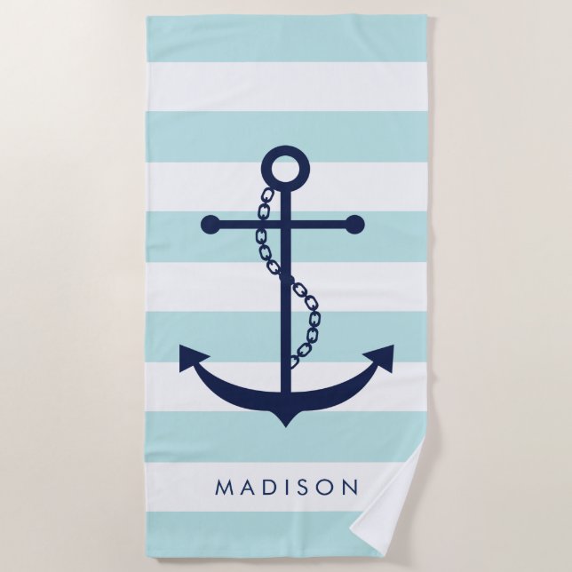 Mit Monogramm blauer Anker auf hellblauen Streifen Strandtuch (Vorderseite)