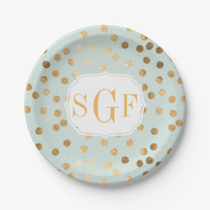 mit Monogramm Blauer Minze Blau und Gold Glitzer P Pappteller