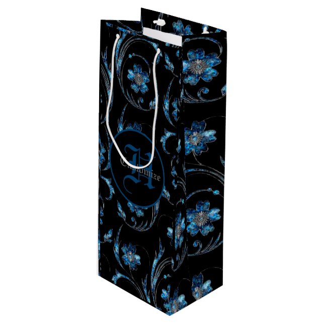 Mit Monogramm Blauer Schimmer Geschenktüte Für Weinflaschen (Vorderseite Schrägansicht)