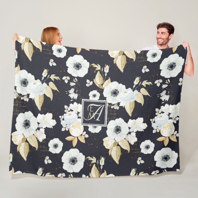 Mit Monogramm blaues Blumendekor Anemone Fleecedecke (Beispiel)