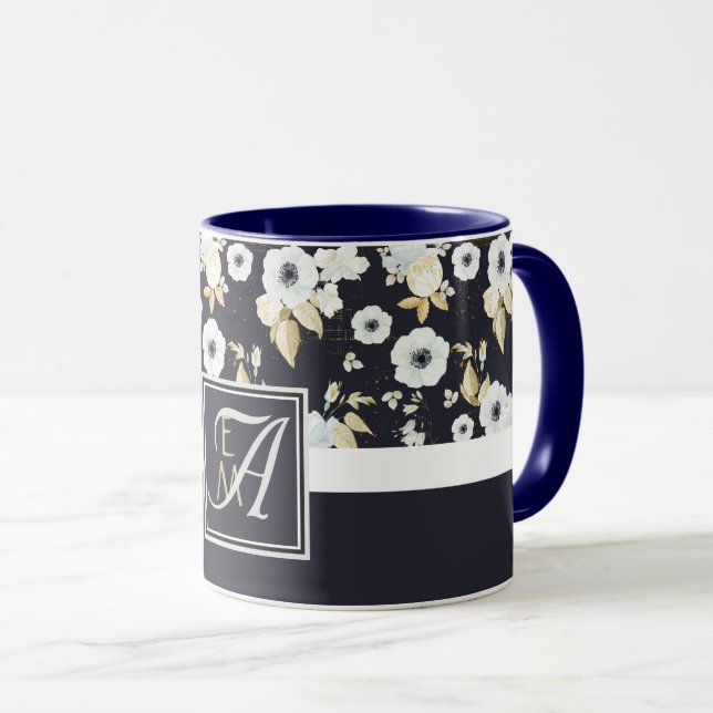 Mit Monogramm blaues Blumendekor Anemone Tasse (VorderseiteRechts)