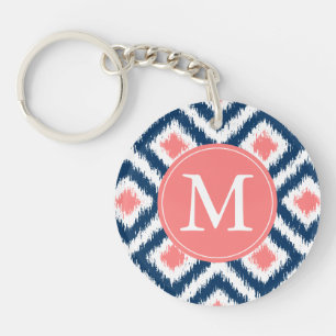 Mit Monogramm blaues korallenrotes Diamant Ikat Schlüsselanhänger