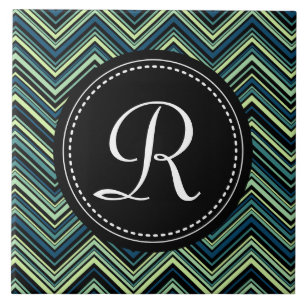 Mit Monogramm blaues Tribal-Zickzack Muster Fliese