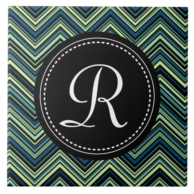 Mit Monogramm blaues Tribal-Zickzack Muster Fliese (Vorderseite)