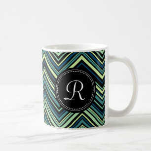 Mit Monogramm blaues Tribal-Zickzack Muster Tasse