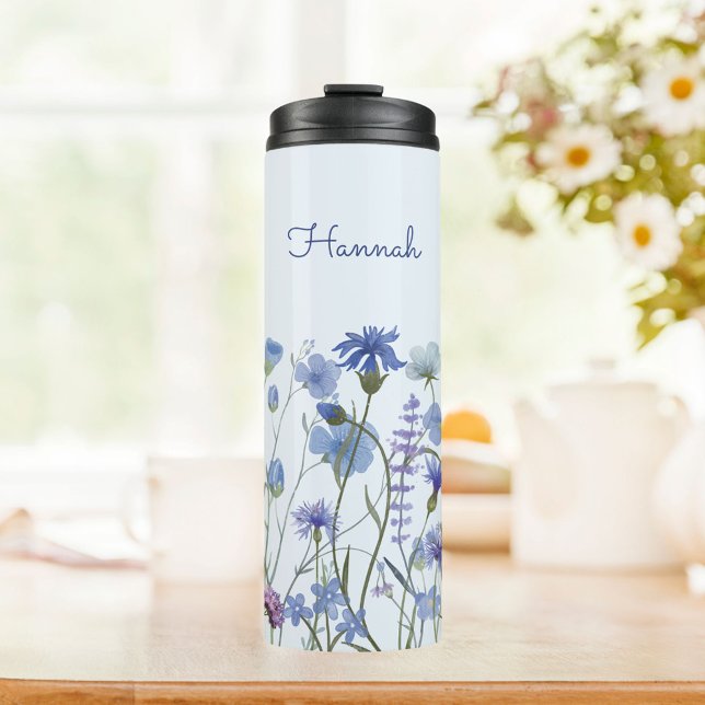 Mit Monogramm blaues Wasser Wildblume Meadow Thermosbecher (In situ)
