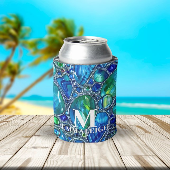 Mit Monogramm blaugrüne Glass-Edelsteine Dosenkühler (Von Creator hochgeladen)