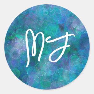 Mit Monogramm Blue Bokeh Abstrakte digitale Kunst Runder Aufkleber
