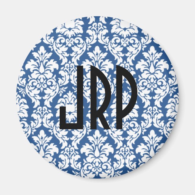 Mit Monogramm Blue Damask Magnet (Vorne)