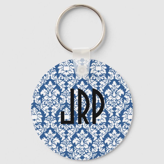 Mit Monogramm Blue Damask Schlüsselanhänger (Vorderseite)