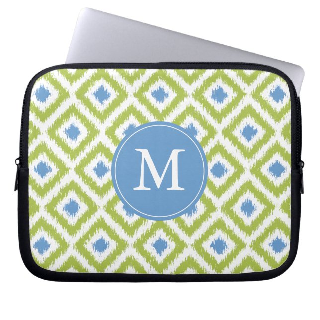 Mit Monogramm Blue Green Diamond Ikat Pattern Laptopschutzhülle (Vorderseite)