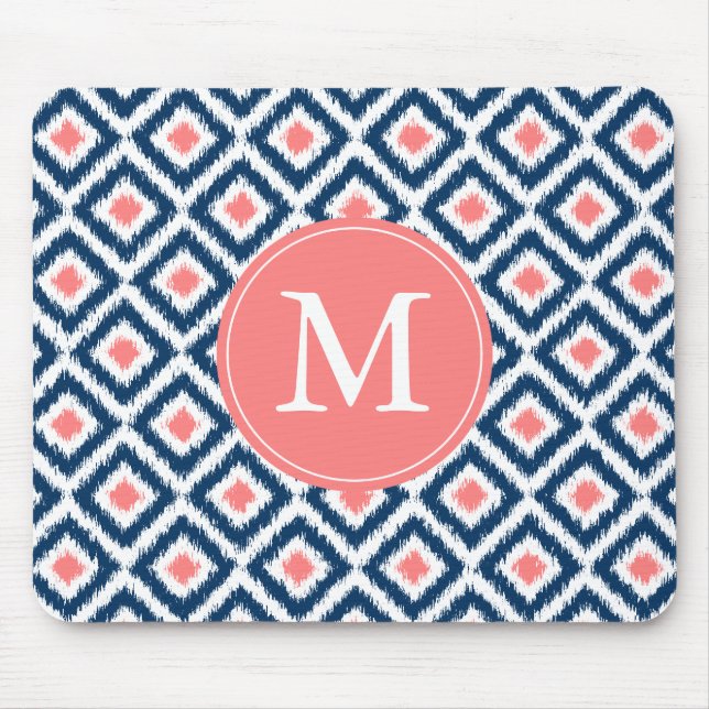 Mit Monogramm Blue Navy Diamonds Ikat Pattern Mousepad (Vorne)
