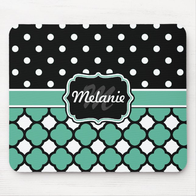 Mit Monogramm Blue Quatrefoil Lattice Polka Dot Mousepad (Vorne)