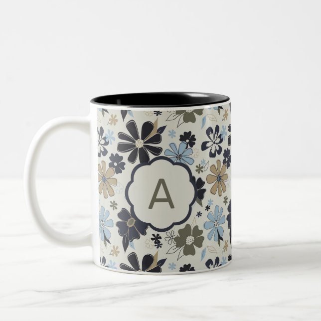 Mit Monogramm Blue Tan-Blume mit Blumendruck Zweifarbige Tasse (Links)