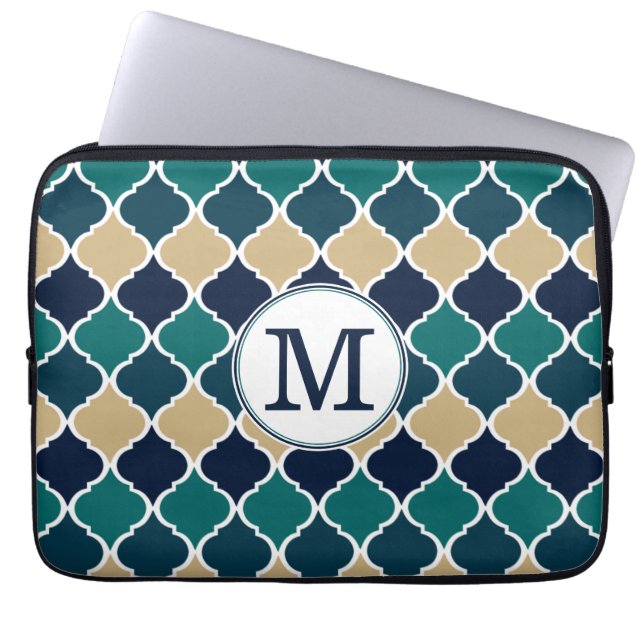 Mit Monogramm Blue Tan marokkanisches Gittermuster Laptopschutzhülle (Vorderseite)