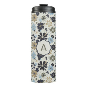Mit Monogramm Blue Tan Olive Kontur Blume Blühen Thermosbecher