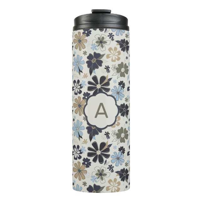 Mit Monogramm Blue Tan Olive Kontur Blume Blühen Thermosbecher (Vorderseite)