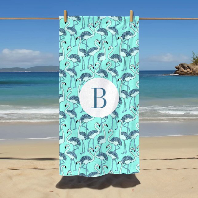 Mit Monogramm Blue Tropical Flamingos Strandtuch (Monogram Blue Tropical Flamingos Beach Towel)