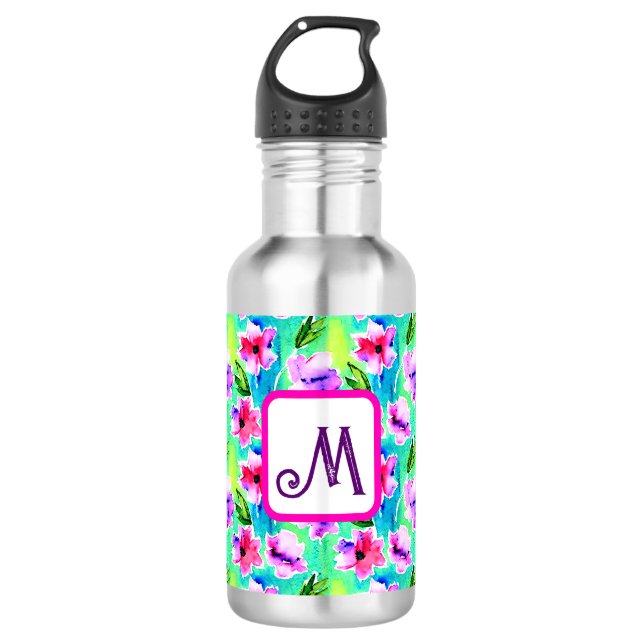 Mit Monogramm Blume Edelstahlflasche (Vorderseite)