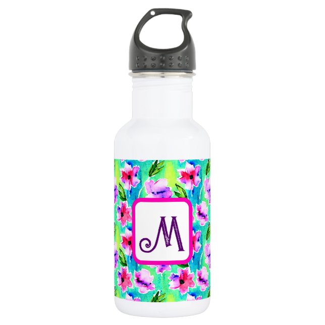 Mit Monogramm Blume Edelstahlflasche (Vorderseite)