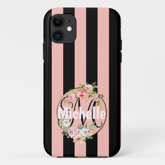 Mit Monogramm Blume und schwarz-rosa Streifen Case-Mate iPhone Hülle (Rückseite)