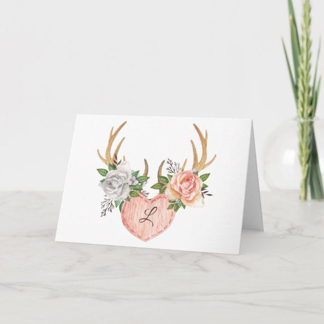 Mit Monogramm Blumen-Antler-Notecard - Leere Innen Dankeskarte (Vorderseite)