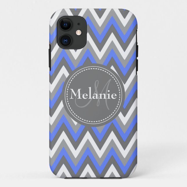 Mit Monogramm Blumenmuster Blau & Grau Zickzack Mu Case-Mate iPhone Hülle (Rückseite)