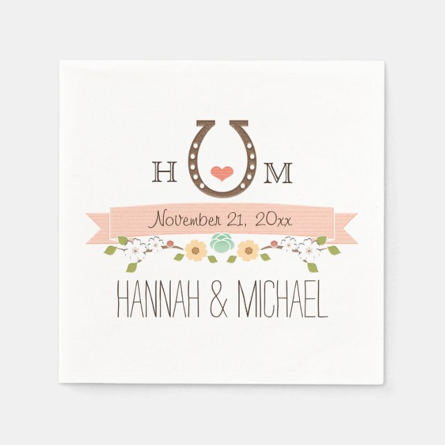 Mit Monogramm Blush Pink Horseshoe Heart Wedding Serviette (Vorderseite)