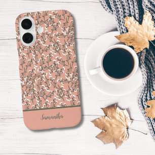 Mit Monogramm Boho Coral Peach Grün Weiße Blüte iPhone 16 Pro Hülle