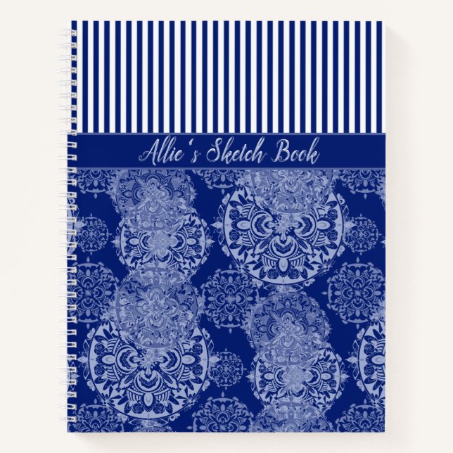 Mit Monogramm Boho Moody Blues Mandalas und Streif Notizbuch (Vorderseite)