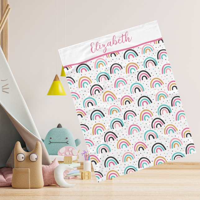 Mit Monogramm Boho Rainbows Pink Aquamarin Orange Fleecedecke (Von Creator hochgeladen)