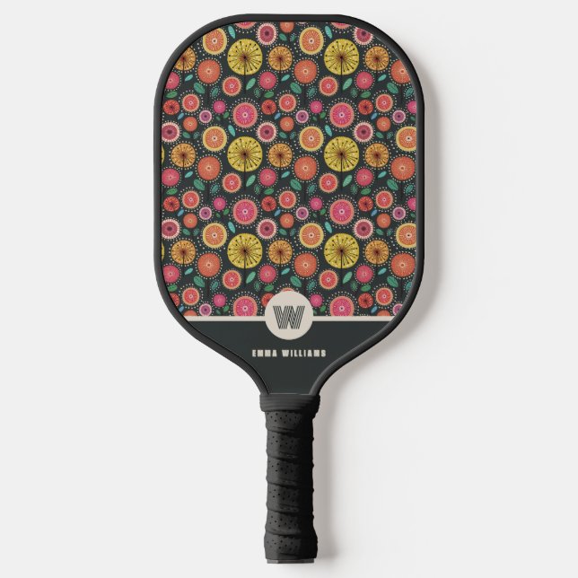 Mit Monogramm Bold Boho Chic Floral Personalisiert Pickleball Schläger (Vorderseite)