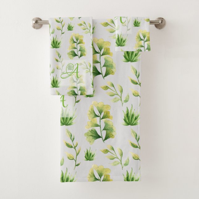 Mit Monogramm botanische Blätter Watercolor Green  Badhandtuch Set (Insitu)