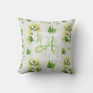 Mit Monogramm botanische Blätter Watercolor Green Kissen