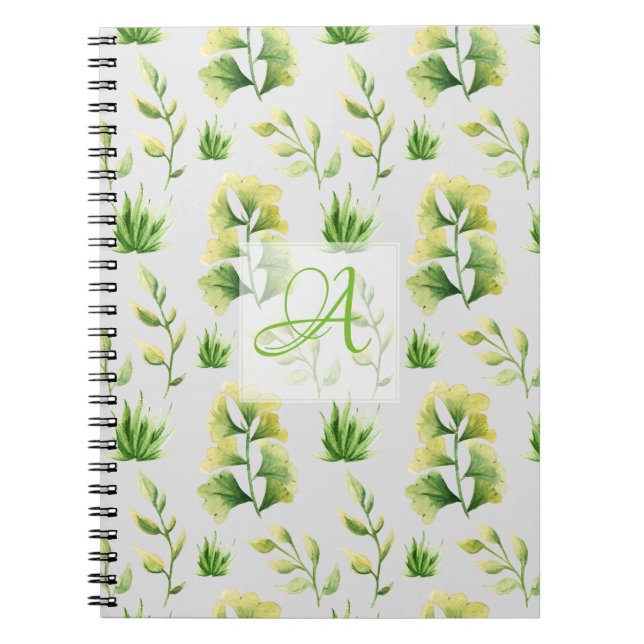 Mit Monogramm botanische Blätter Watercolor Green  Notizblock (Vorderseite)